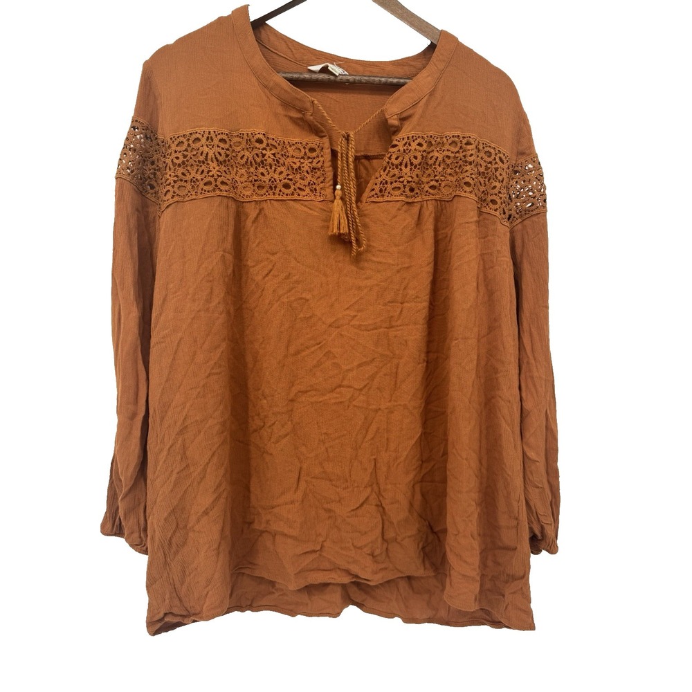 Tantrums 2X Boho peasant Blouse western rodeo tassel rayon open knit tan